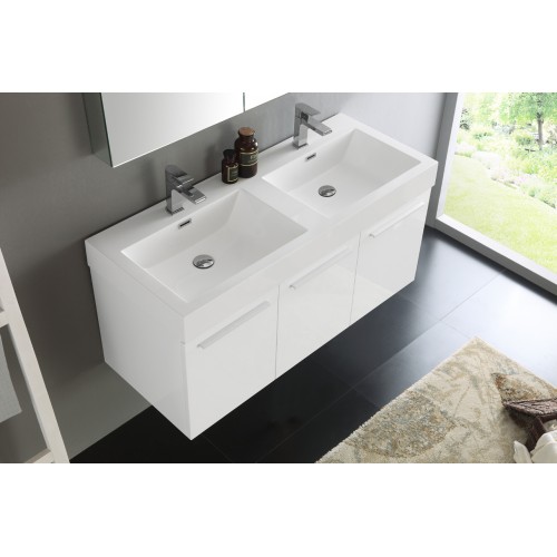 Fresca Vista 48 White Wall Hung Double Sink Modern Bathroom Vanity w/ Medicine Cabinet