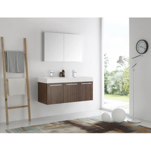 Fresca Vista 48 Walnut Wall Hung Double Sink Modern Bathroom Vanity w/ Medicine Cabinet