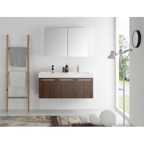 Fresca Vista 48 Walnut Wall Hung Double Sink Modern Bathroom Vanity w/ Medicine Cabinet