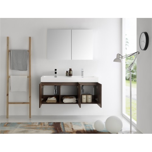 Fresca Vista 48 Walnut Wall Hung Double Sink Modern Bathroom Vanity w/ Medicine Cabinet