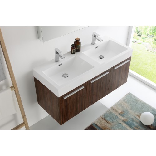 Fresca Vista 48 Walnut Wall Hung Double Sink Modern Bathroom Vanity w/ Medicine Cabinet