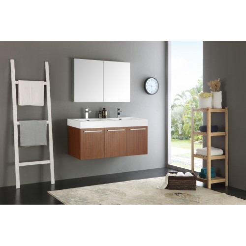 Fresca Vista 48 Teak Wall Hung Double Sink Modern Bathroom Vanity w/ Medicine Cabinet