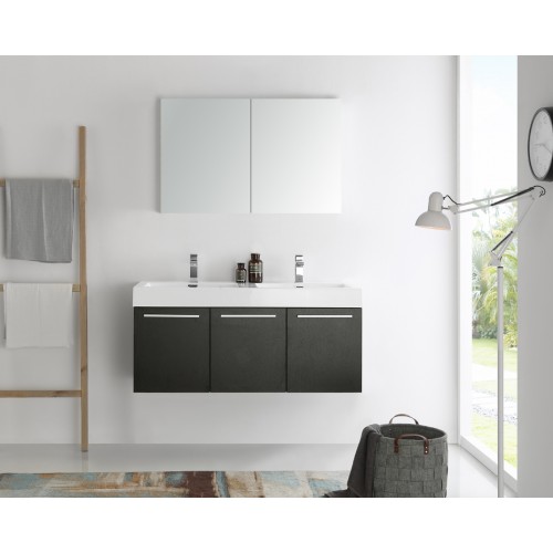 Fresca Vista 48 Black Wall Hung Double Sink Modern Bathroom Vanity w/ Medicine Cabinet