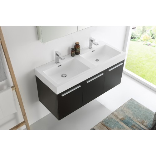 Fresca Vista 48 Black Wall Hung Double Sink Modern Bathroom Vanity w/ Medicine Cabinet