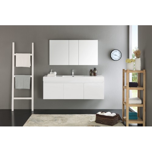 Fresca Mezzo 60 White Wall Hung Single Sink Modern Bathroom Vanity w/ Medicine Cabinet