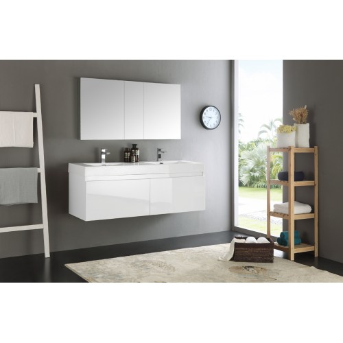 Fresca Mezzo 60 White Wall Hung Double Sink Modern Bathroom Vanity w/ Medicine Cabinet