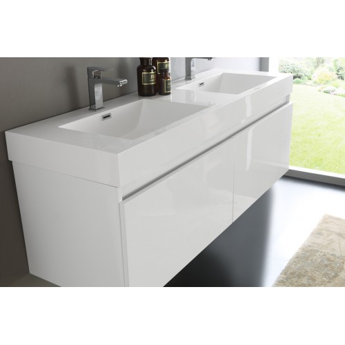 Fresca Mezzo 60 White Wall Hung Double Sink Modern Bathroom Vanity w/ Medicine Cabinet