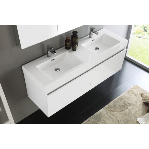 Fresca Mezzo 60 White Wall Hung Double Sink Modern Bathroom Vanity w/ Medicine Cabinet