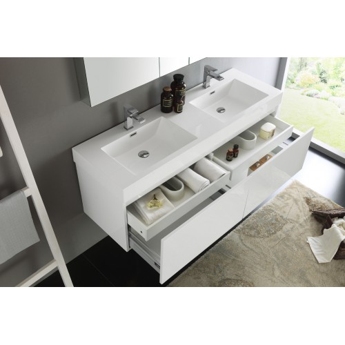 Fresca Mezzo 60 White Wall Hung Double Sink Modern Bathroom Vanity w/ Medicine Cabinet