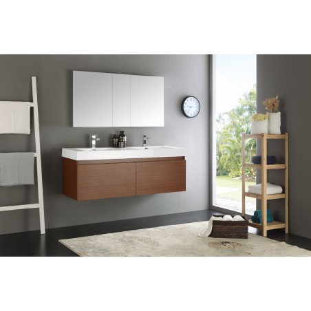 Fresca Mezzo 60 Teak Wall Hung Double Sink Modern Bathroom Vanity w/ Medicine Cabinet