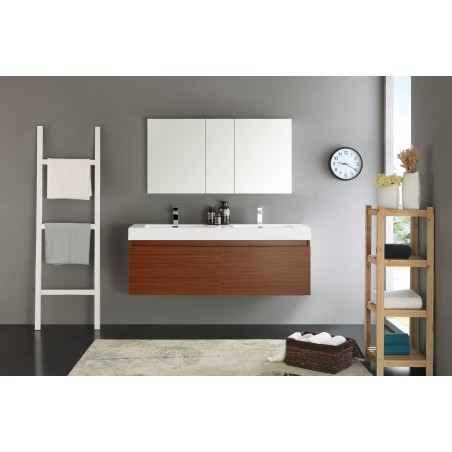 Fresca Mezzo 60 Teak Wall Hung Double Sink Modern Bathroom Vanity w/ Medicine Cabinet