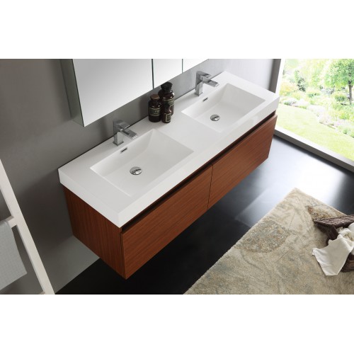 Fresca Mezzo 60 Teak Wall Hung Double Sink Modern Bathroom Vanity w/ Medicine Cabinet