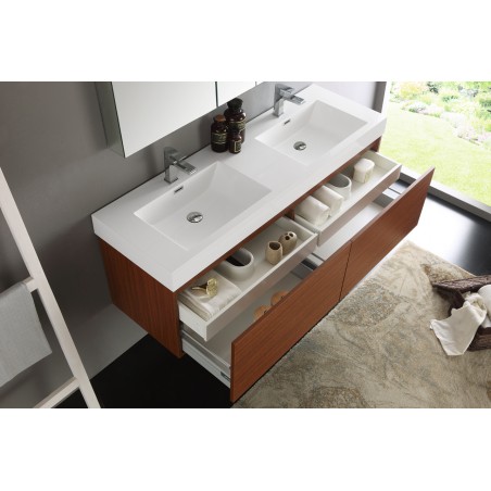 Fresca Mezzo 60 Teak Wall Hung Double Sink Modern Bathroom Vanity w/ Medicine Cabinet