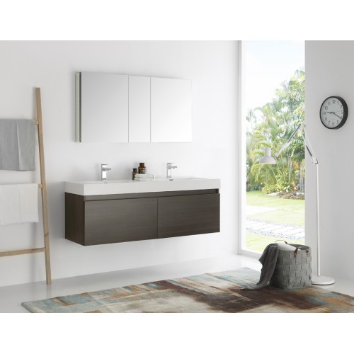 Fresca Mezzo 60 Gray Oak Wall Hung Double Sink Modern Bathroom Vanity w/ Medicine Cabinet