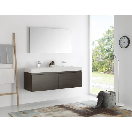 Fresca Mezzo 60 Gray Oak Wall Hung Double Sink Modern Bathroom Vanity w/ Medicine Cabinet