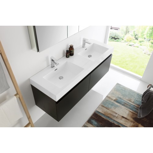 Fresca Mezzo 60 Black Wall Hung Double Sink Modern Bathroom Vanity w/ Medicine Cabinet