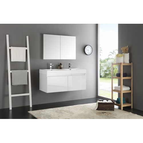 Fresca Mezzo 48 White Wall Hung Double Sink Modern Bathroom Vanity w/ Medicine Cabinet