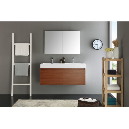 Fresca Mezzo 48 Teak Wall Hung Double Sink Modern Bathroom Vanity w/ Medicine Cabinet