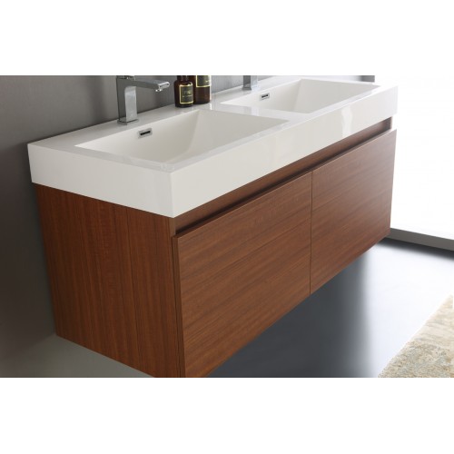 Fresca Mezzo 48 Teak Wall Hung Double Sink Modern Bathroom Vanity w/ Medicine Cabinet