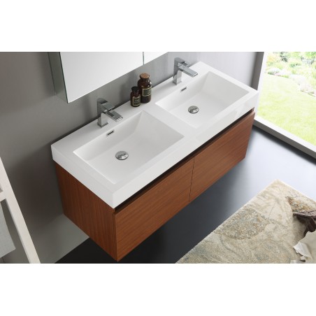 Fresca Mezzo 48 Teak Wall Hung Double Sink Modern Bathroom Vanity w/ Medicine Cabinet