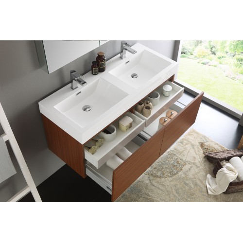 Fresca Mezzo 48 Teak Wall Hung Double Sink Modern Bathroom Vanity w/ Medicine Cabinet