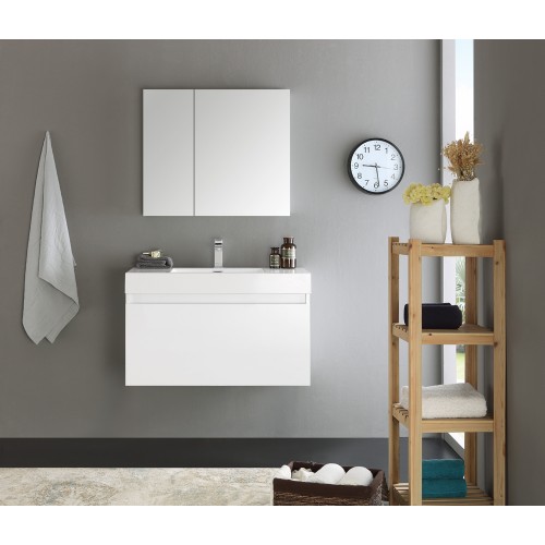 Fresca Mezzo 36 White Wall Hung Modern Bathroom Vanity w/ Medicine Cabinet