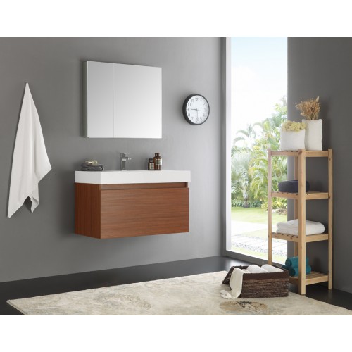 Fresca Mezzo 36 Teak Wall Hung Modern Bathroom Vanity w/ Medicine Cabinet