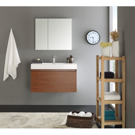 Fresca Mezzo 36 Teak Wall Hung Modern Bathroom Vanity w/ Medicine Cabinet