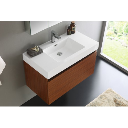 Fresca Mezzo 36 Teak Wall Hung Modern Bathroom Vanity w/ Medicine Cabinet