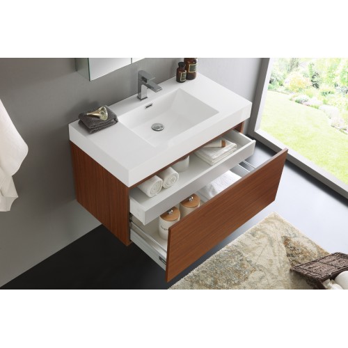 Fresca Mezzo 36 Teak Wall Hung Modern Bathroom Vanity w/ Medicine Cabinet