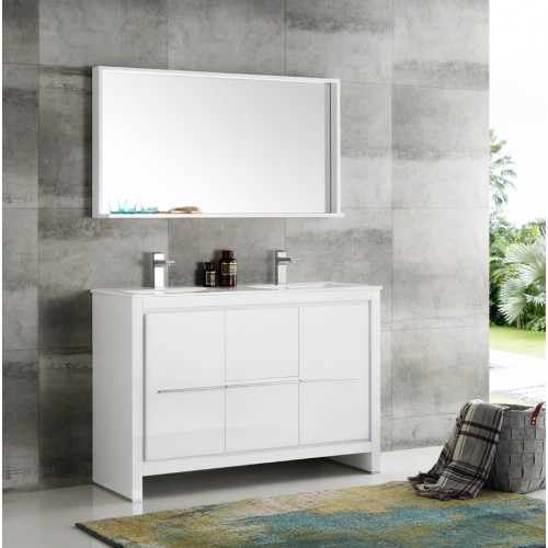 Fresca Allier 48 White Modern Double Sink Bathroom Vanity w/ Mirror