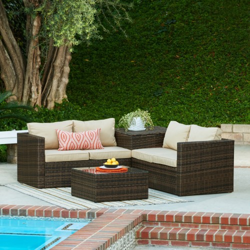 Ventana 4-Piece All-Weather Dark Brown Wicker Patio Seating Set with Storage and Beige Cushions