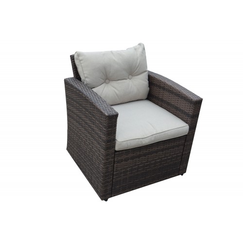 Rio-6 Piece 7 Seat Dark Brown All Weather Wicker Conversation set with Storage and Tan Color Cushions