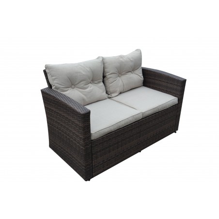 Rio-6 Piece 7 Seat Dark Brown All Weather Wicker Conversation set with Storage and Tan Color Cushions