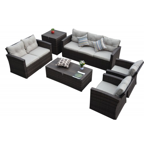 Rio-6 Piece 7 Seat Dark Brown All Weather Wicker Conversation set with Storage and Tan Color Cushions