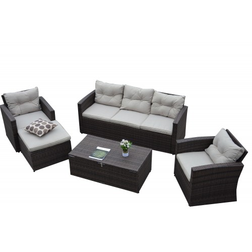 Rio-5 Piece 5 Seat Dark Brown All Weather Wicker Conversation set with Storage Ottoman and  Tan color Cushions