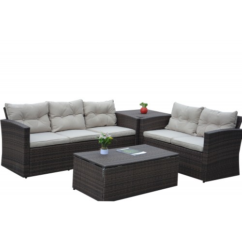 Rio-4 Piece Dark Brown All Weather Wicker Conversation set with Storage and Tan color Cushions
