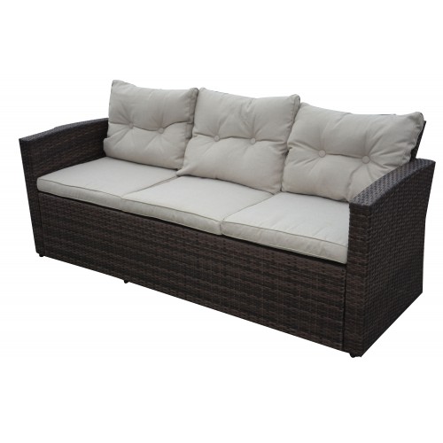 Rio-4 Piece 5 Seat Dark Brown All Weather Wicker Conversation Set with Storage and Tan Color Cushions