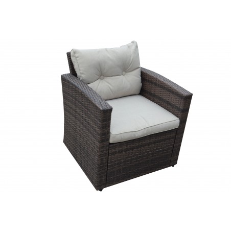 Rio-4 Piece 5 Seat Dark Brown All Weather Wicker Conversation Set with Storage and Tan Color Cushions