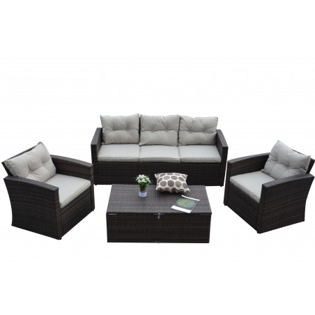 Rio-4 Piece 5 Seat Dark Brown All Weather Wicker Conversation Set with Storage and Tan Color Cushions