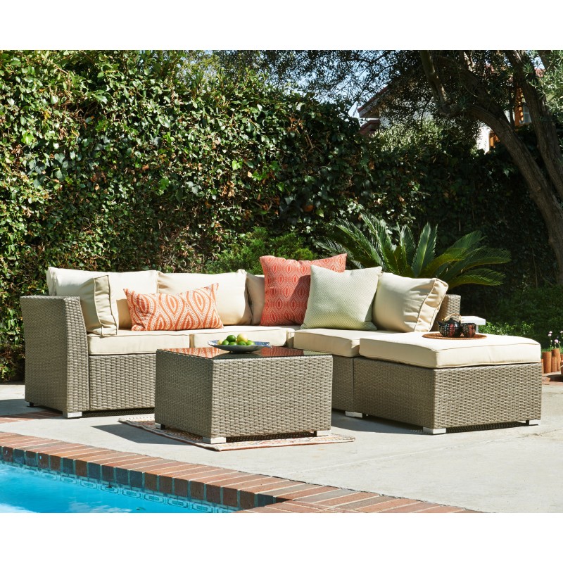 Jicaro 5 Pieces Outdoor Wicker Sectional Sofa Set - Natural Rustic Light Brown