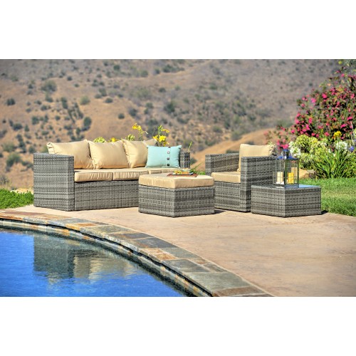 Caribe 4-Piece All Weather Grey Wicker Patio Seating Set with Beige Cushions
