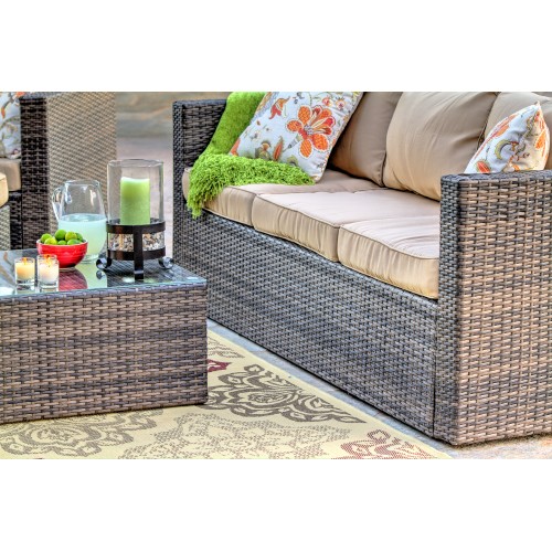 Caribe 4-Piece All Weather Dark Brown Wicker Patio Seating Set with Beige Cushions