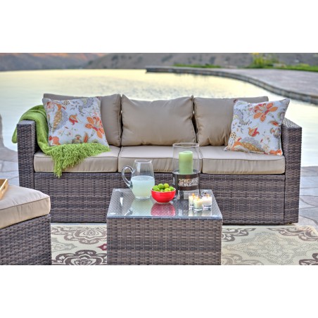 Caribe 4-Piece All Weather Dark Brown Wicker Patio Seating Set with Beige Cushions