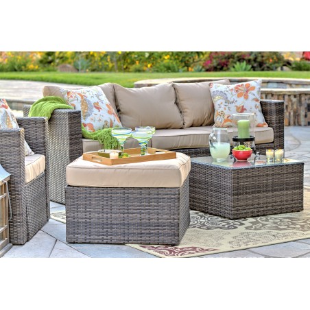 Caribe 4-Piece All Weather Dark Brown Wicker Patio Seating Set with Beige Cushions