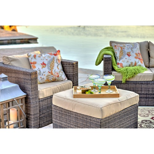 Caribe 4-Piece All Weather Dark Brown Wicker Patio Seating Set with Beige Cushions