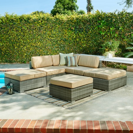 Barton 6-Piece All-Weather Grey Wicker Patio Sectional Sofa set With Beige Cushions