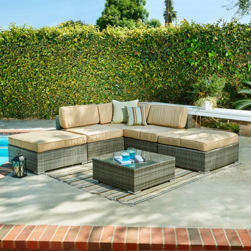 Barton 6-Piece All-Weather Grey Wicker Patio Sectional Sofa set With Beige Cushions