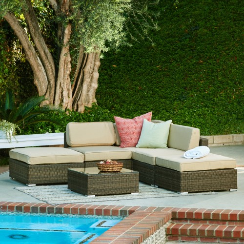 Barton 6-Piece All-Weather Dark Brown Wicker Patio Sectional Sofa set With Beige Cushions