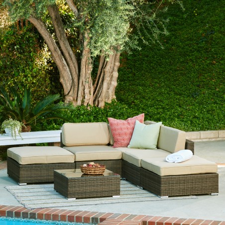 Barton 6-Piece All-Weather Dark Brown Wicker Patio Sectional Sofa set With Beige Cushions